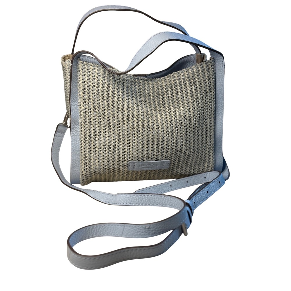 American Leather Co Triple Entry Raffia Leather Satchel Blue Aura Woven Handbag